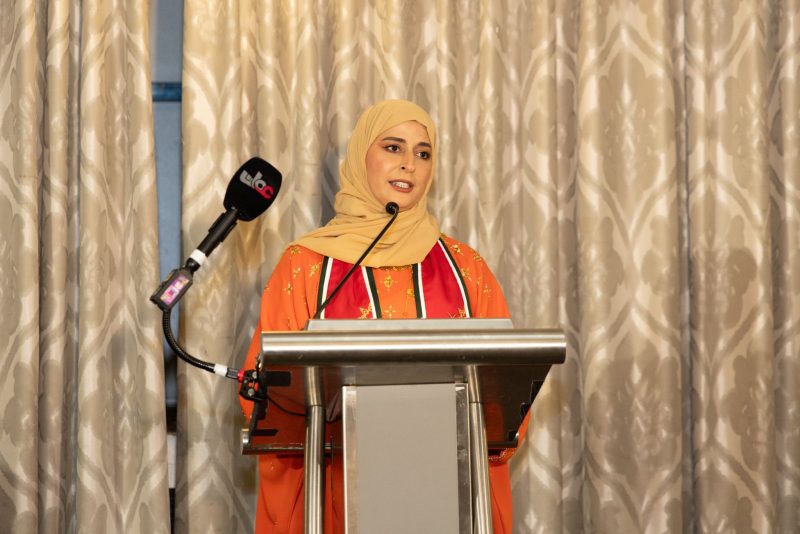 Sabra bint Ahmed Al Hothi, the Washington Embassy Counsellor, delivers a speech highlighting Oman's achievements